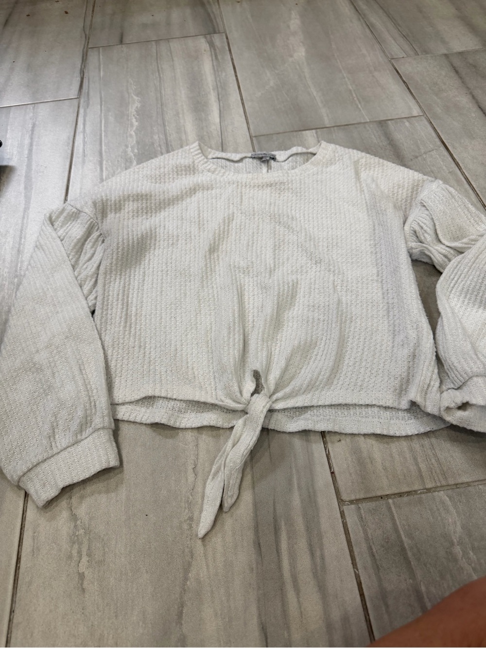Charlotte Russe White Waffle-Knit Tie-Front Long Sleeve Top